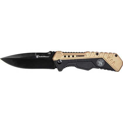 S&W KNIFE BLACK/FDE SPRING AST 3.5" BLACK BLADE RUB/ALUM